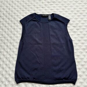 Dana Buchman Navy Metallic Knit Crewneck Cap Sleeve Top Size LP